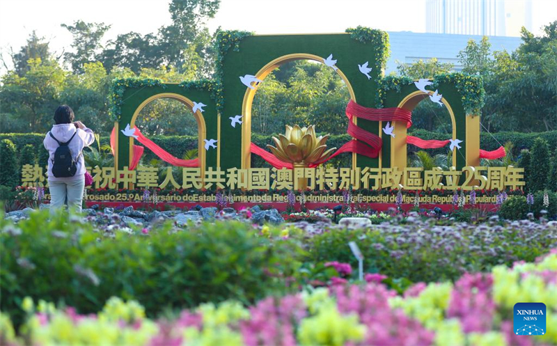 Μια γυνα?κα τραβ? φωτογραφ?ε? μπροστ? απ? μια λουλουδ?νια εγκατ?σταση στο Μακ?ο, ν?τια Κ?να, 17 Δεκεμβρ?ου 2024. (Φωτογραφ?α / Xinhua)