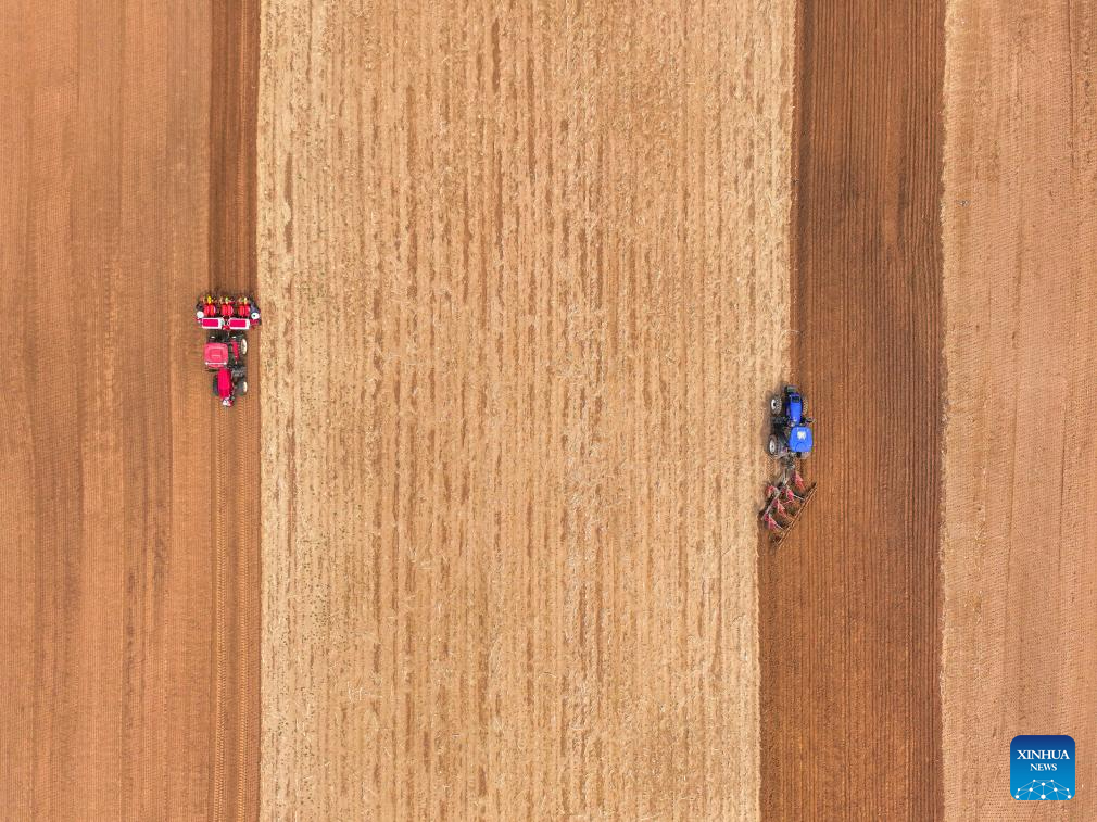 Φωτογραφ?α απ? drone που ελ?φθη στι? 10 Μα?ου 2025, δε?χνει αγρ?τε? να τοποθετο?ν σωλην?σει? στ?γδην ?ρδευση? στα χωρ?φια του χωριο? Κουντο?χουα στην π?λη Τσι?ντζιαντι?ν, περιοχ? Χορκ?ν, π?λη Τονγκλι?ο, στην Εσωτερικ? Μογγολ?α τη? Κ?να?. (Φωτογραφ?α / Σινχου?)